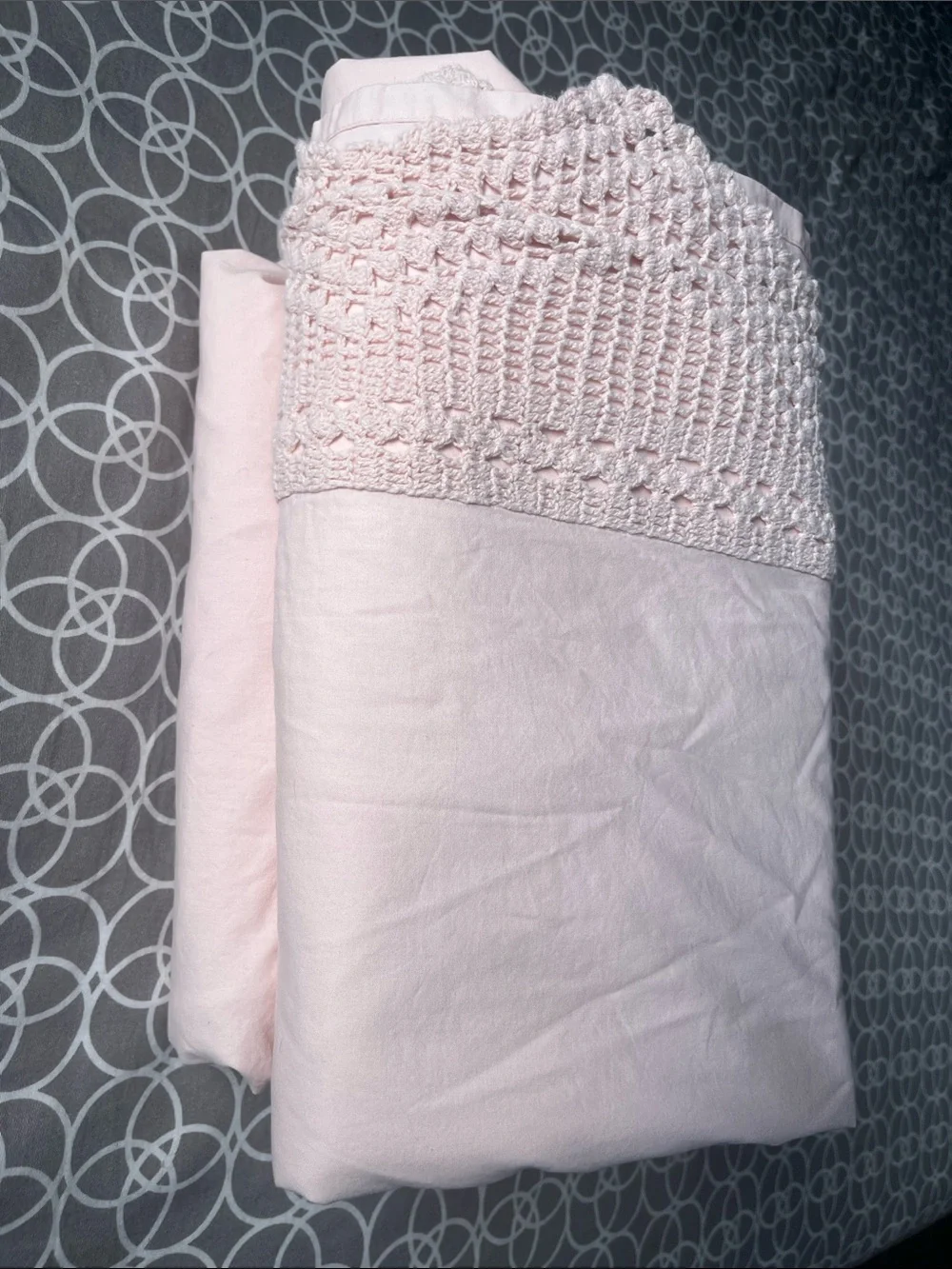 Anthropologie Pale Pink Cotton Queen Sheet Set with Crochet Lace Trim